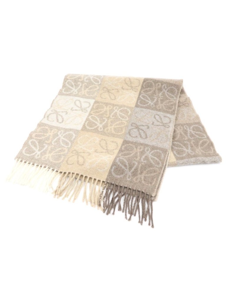 Loewe Anagram Checkerboard Cashmere Knit Scarf Brown Beige Sweater